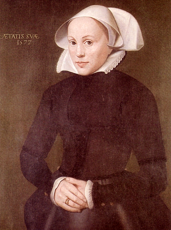 Gemälde von Maria von Jever mit weißer Haube und dunklem Kleid.